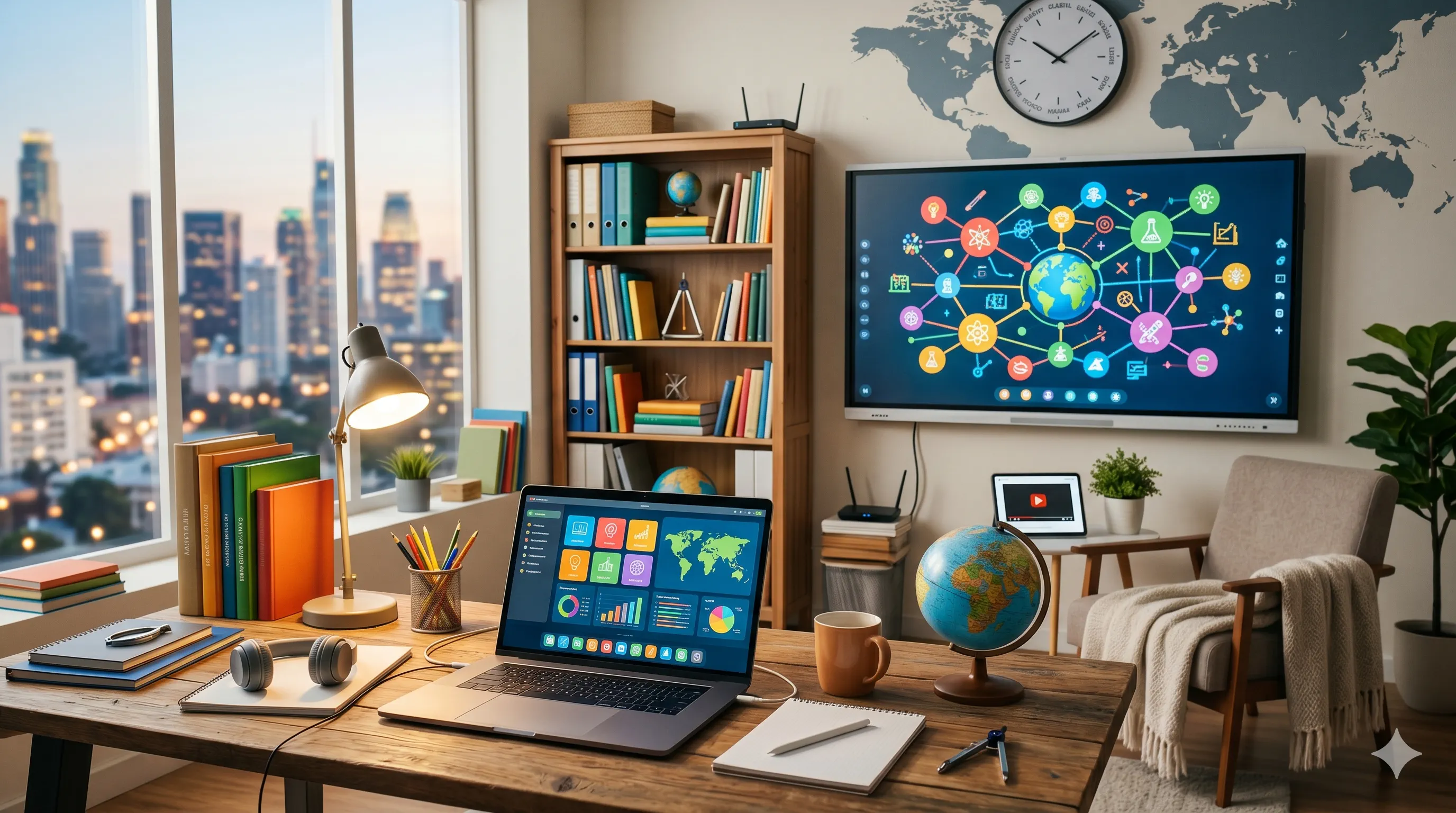 A modern global learning workspace with books, screens, and world map decor